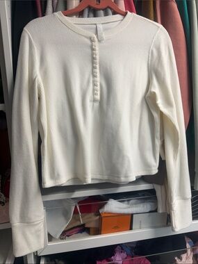 Zella Cream Ribbed Henley Long-Sleeve Sweater